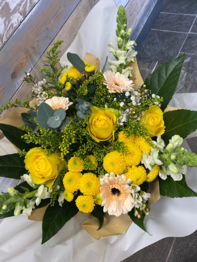 Rustic Sunshine - Beautifully hand-tied and presented in a box which contains water. Hand delivered by us, make them smile with this gorgeous collection of flowers. perfect for a romantic occasion. customer can transfer to a vase if preferred. send your love with an exquisite delivery delivered same day when you order before 2pm. sample picture shown is the standard size. *Fine Print: Every item is hand made and delivered by us. Pictures shown are recent examples of an actual arrangement that were designed by...