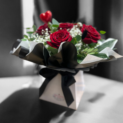 The perfect 6- red rose bouquet - 6 Red roses with Gypsophillia in a floral foam, Valentines day, romantic bouquet