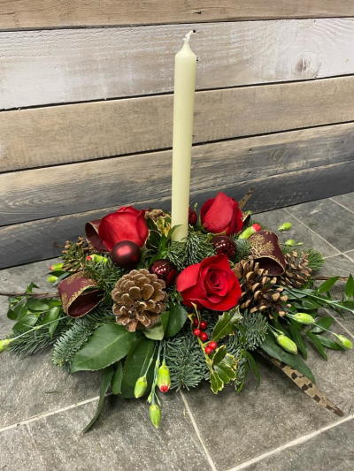 Yuletide Glow - A Christmas candle arrangement, perfect for the festive table, handmade using favourite Christmas flowers and foliage.